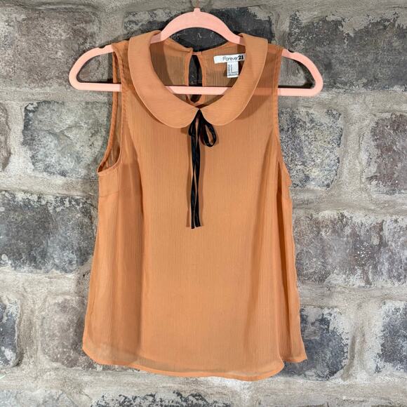 Forever 21 Sleeveless Peter Pan‎ Collar Blouse Small Sheer Rust Orange Bow Tie - Picture 1 of 9